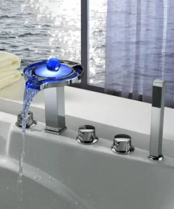 Bathroom, Home Decor, Chrome Waterfall Bath Tub Faucet Bathroom Brass Wash Led Color Changing Basin Faucet Bathtub Faucet With Hand Shower