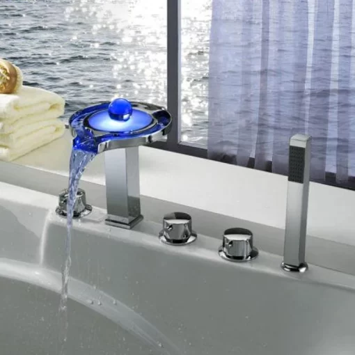 Bathroom, Home Decor, Chrome Waterfall Bath Tub Faucet Bathroom Brass Wash Led Color Changing Basin Faucet Bathtub Faucet With Hand Shower