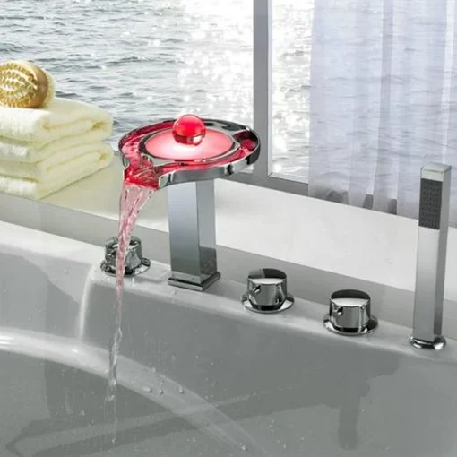 Bathroom, Home Decor, Chrome Waterfall Bath Tub Faucet Bathroom Brass Wash Led Color Changing Basin Faucet Bathtub Faucet With Hand Shower