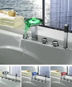Bathroom, Home Decor, Chrome Waterfall Bath Tub Faucet Bathroom Brass Wash Led Color Changing Basin Faucet Bathtub Faucet With Hand Shower
