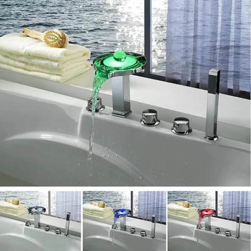 Bathroom, Home Decor, Chrome Waterfall Bath Tub Faucet Bathroom Brass Wash Led Color Changing Basin Faucet Bathtub Faucet With Hand Shower
