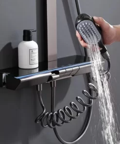 Bathroom, Home Decor, Classic Piano Key Design Gun Grey Hot And Cold Water Mixer Valve Brass Thermostatic Bathroom Rain Shower System Faucet Set