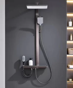 Bathroom, Home Decor, Classic Piano Key Design Gun Grey Hot And Cold Water Mixer Valve Brass Thermostatic Bathroom Rain Shower System Faucet Set