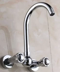 Bathroom, Home Decor, Dual Handle Wall Mounted Kitchen Mixer Faucet Two Holes Chrome Cold And Hot Water Taps