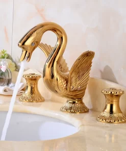 Bathroom, Home Decor, European Style Golden Polished Swan Shape Faucet Retro Bathroom Three Hole Vanity Basin Mixer Tap