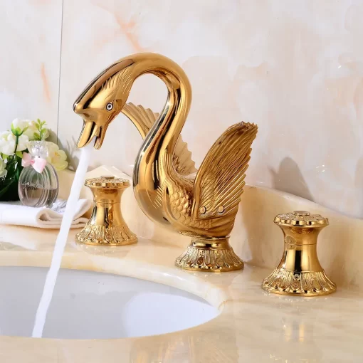 Bathroom, Home Decor, European Style Golden Polished Swan Shape Faucet Retro Bathroom Three Hole Vanity Basin Mixer Tap