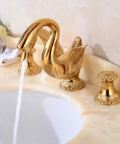 Bathroom, Home Decor, European Style Golden Polished Swan Shape Faucet Retro Bathroom Three Hole Vanity Basin Mixer Tap