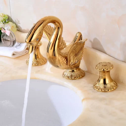 Bathroom, Home Decor, European Style Golden Polished Swan Shape Faucet Retro Bathroom Three Hole Vanity Basin Mixer Tap