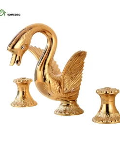 Bathroom, Home Decor, European Style Golden Polished Swan Shape Faucet Retro Bathroom Three Hole Vanity Basin Mixer Tap