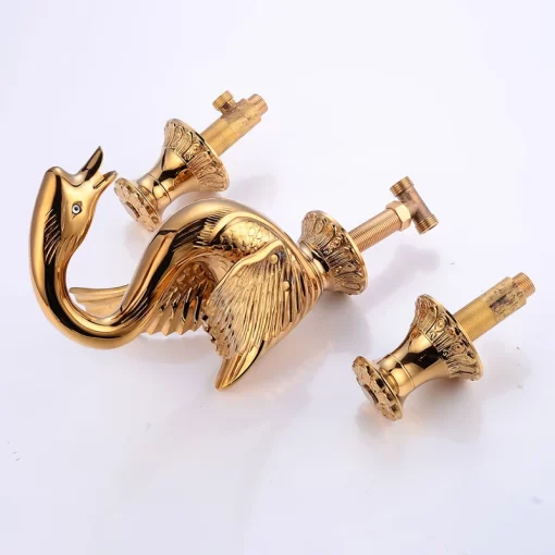 Bathroom, Home Decor, European Style Golden Polished Swan Shape Faucet Retro Bathroom Three Hole Vanity Basin Mixer Tap