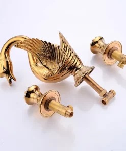 Bathroom, Home Decor, European Style Golden Polished Swan Shape Faucet Retro Bathroom Three Hole Vanity Basin Mixer Tap