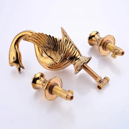 Bathroom, Home Decor, European Style Golden Polished Swan Shape Faucet Retro Bathroom Three Hole Vanity Basin Mixer Tap