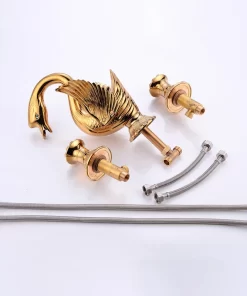 Bathroom, Home Decor, European Style Golden Polished Swan Shape Faucet Retro Bathroom Three Hole Vanity Basin Mixer Tap