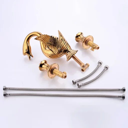 Bathroom, Home Decor, European Style Golden Polished Swan Shape Faucet Retro Bathroom Three Hole Vanity Basin Mixer Tap
