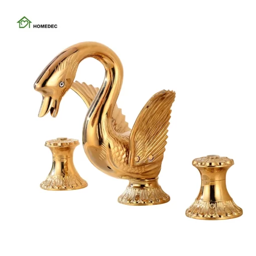Bathroom, Home Decor, European Style Golden Polished Swan Shape Faucet Retro Bathroom Three Hole Vanity Basin Mixer Tap