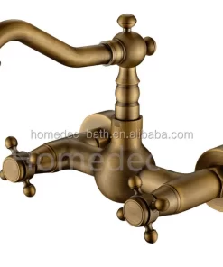 Bathroom, Home Decor, Gold Wall Mounted Dual Handles Antique Brass Bathroom Basin Taps