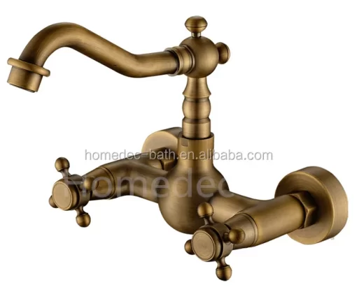 Bathroom, Home Decor, Gold Wall Mounted Dual Handles Antique Brass Bathroom Basin Taps
