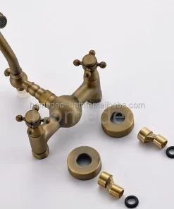 Bathroom, Home Decor, Gold Wall Mounted Dual Handles Antique Brass Bathroom Basin Taps