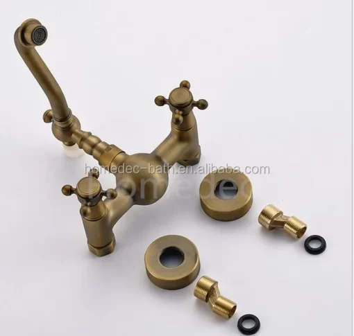 Bathroom, Home Decor, Gold Wall Mounted Dual Handles Antique Brass Bathroom Basin Taps