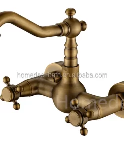 Bathroom, Home Decor, Gold Wall Mounted Dual Handles Antique Brass Bathroom Basin Taps