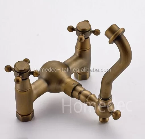 Bathroom, Home Decor, Gold Wall Mounted Dual Handles Antique Brass Bathroom Basin Taps