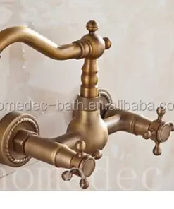 Bathroom, Home Decor, Gold Wall Mounted Dual Handles Antique Brass Bathroom Basin Taps