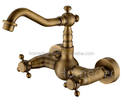 Bathroom, Home Decor, Gold Wall Mounted Dual Handles Antique Brass Bathroom Basin Taps