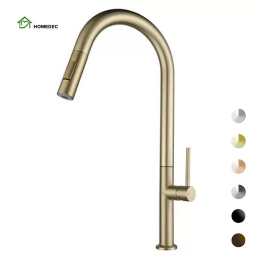 Bathroom, Home Decor, High Arc 304 Stainless Steel Modern Brushed Gold Pull Out Kitchen Sink Faucet With Pull Down Sprayer