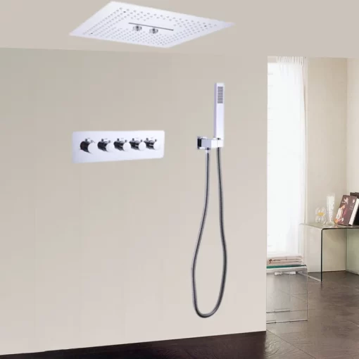 Bathroom, Home Decor, High Quality Chrome Thermostatic Rainfall Shower Head Led Concealed Shower Set With Spray  For Bathroom