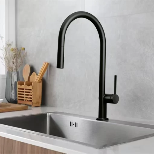 Bathroom, Home Decor, Hot And Cold Black Kitchen Faucet  Deck Mounted Pull Down Sprayer