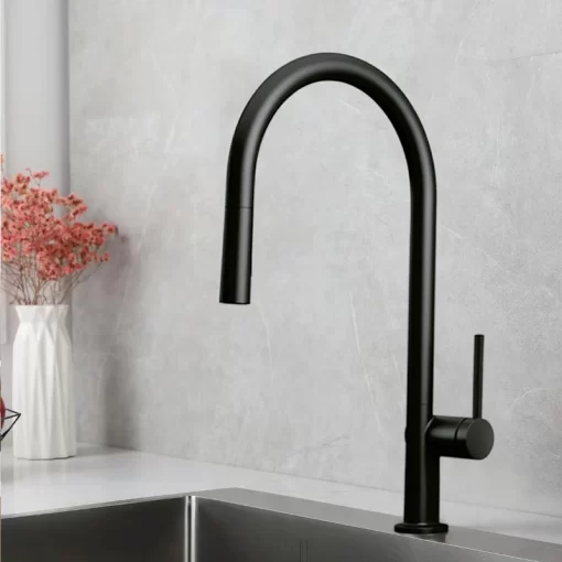 Bathroom, Home Decor, Hot And Cold Black Kitchen Faucet  Deck Mounted Pull Down Sprayer