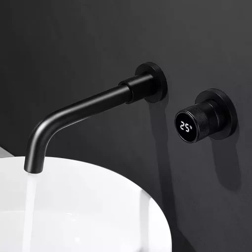 Bathroom, Home Decor, Hot Sale Black Brass Temperature Digital Display Wall Mounted Concealed Bathroom Tap Basin Mixer Faucet