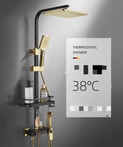 Bathroom, Home Decor, Luxury Bath Quality Brass Mixer Tap Rainfall Thermostatic Bathroom Black And Gold Shower System Set