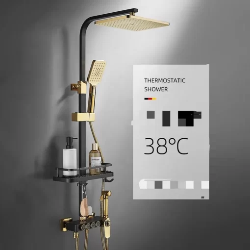 Bathroom, Home Decor, Luxury Bath Quality Brass Mixer Tap Rainfall Thermostatic Bathroom Black And Gold Shower System Set