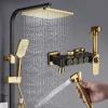 Bathroom, Home Decor, Luxury Bath Quality Brass Mixer Tap Rainfall Thermostatic Bathroom Black And Gold Shower System Set