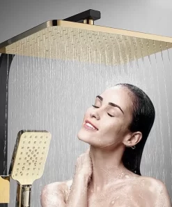 Bathroom, Home Decor, Luxury Bath Quality Brass Mixer Tap Rainfall Thermostatic Bathroom Black And Gold Shower System Set