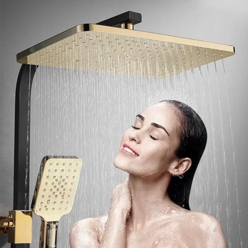 Bathroom, Home Decor, Luxury Bath Quality Brass Mixer Tap Rainfall Thermostatic Bathroom Black And Gold Shower System Set