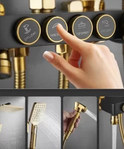 Bathroom, Home Decor, Luxury Bath Quality Brass Mixer Tap Rainfall Thermostatic Bathroom Black And Gold Shower System Set