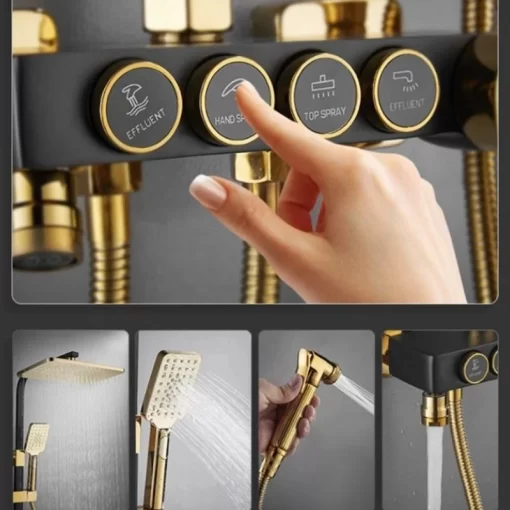 Bathroom, Home Decor, Luxury Bath Quality Brass Mixer Tap Rainfall Thermostatic Bathroom Black And Gold Shower System Set