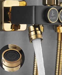 Bathroom, Home Decor, Luxury Bath Quality Brass Mixer Tap Rainfall Thermostatic Bathroom Black And Gold Shower System Set