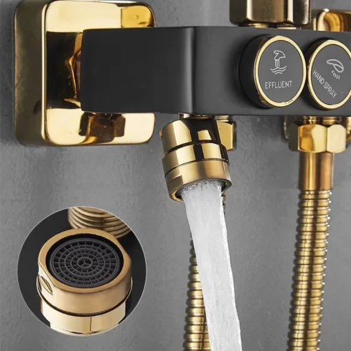 Bathroom, Home Decor, Luxury Bath Quality Brass Mixer Tap Rainfall Thermostatic Bathroom Black And Gold Shower System Set