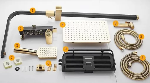 Bathroom, Home Decor, Luxury Bath Quality Brass Mixer Tap Rainfall Thermostatic Bathroom Black And Gold Shower System Set
