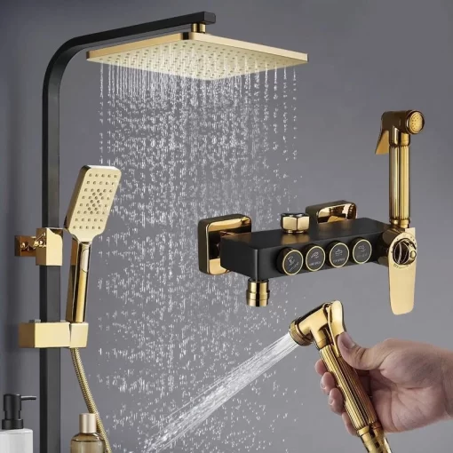 Bathroom, Home Decor, Luxury Bath Quality Brass Mixer Tap Rainfall Thermostatic Bathroom Black And Gold Shower System Set