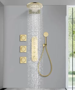 Bathroom, Home Decor, Luxury Gold Rainfall Waterfall Shower Head Concealed Mixer Built-in Rain Massage Shower Jet System Faucet Sets