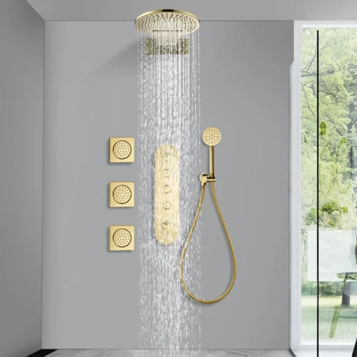 Bathroom, Home Decor, Luxury Gold Rainfall Waterfall Shower Head Concealed Mixer Built-in Rain Massage Shower Jet System Faucet Sets