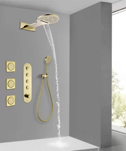 Bathroom, Home Decor, Luxury Gold Rainfall Waterfall Shower Head Concealed Mixer Built-in Rain Massage Shower Jet System Faucet Sets