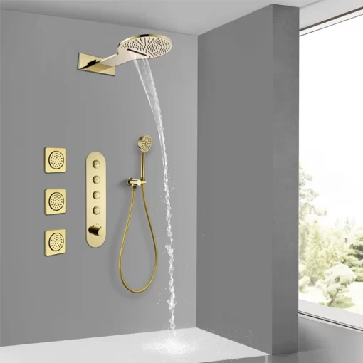 Bathroom, Home Decor, Luxury Gold Rainfall Waterfall Shower Head Concealed Mixer Built-in Rain Massage Shower Jet System Faucet Sets