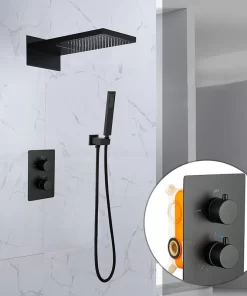 Bathroom, Home Decor, Matte Black Bathroom Thermostatic Rain Fall Shower System Set