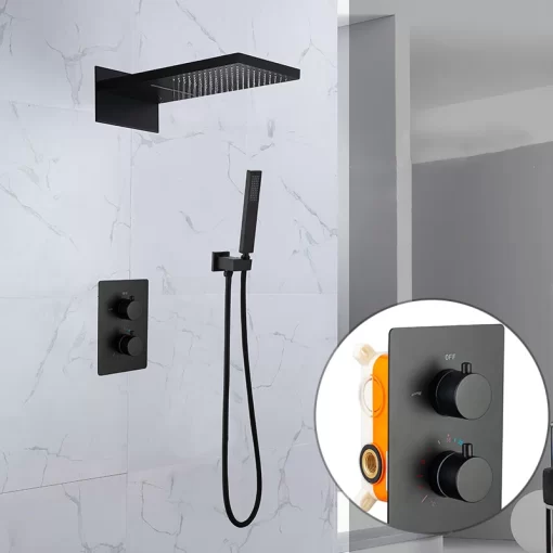 Bathroom, Home Decor, Matte Black Bathroom Thermostatic Rain Fall Shower System Set