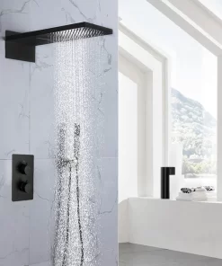 Bathroom, Home Decor, Matte Black Bathroom Thermostatic Rain Fall Shower System Set